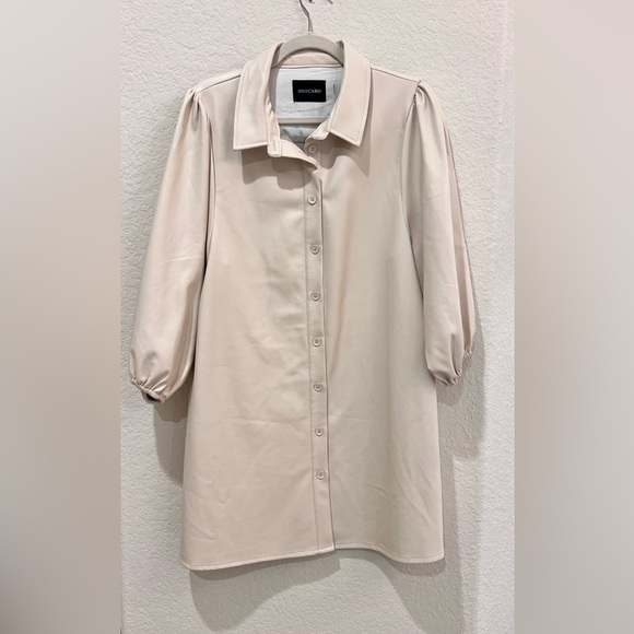 Dolce Cabo Neutral Color Vegan Leather Puff Sleeve Shirt Dress Size Large - Picture 4 of 9